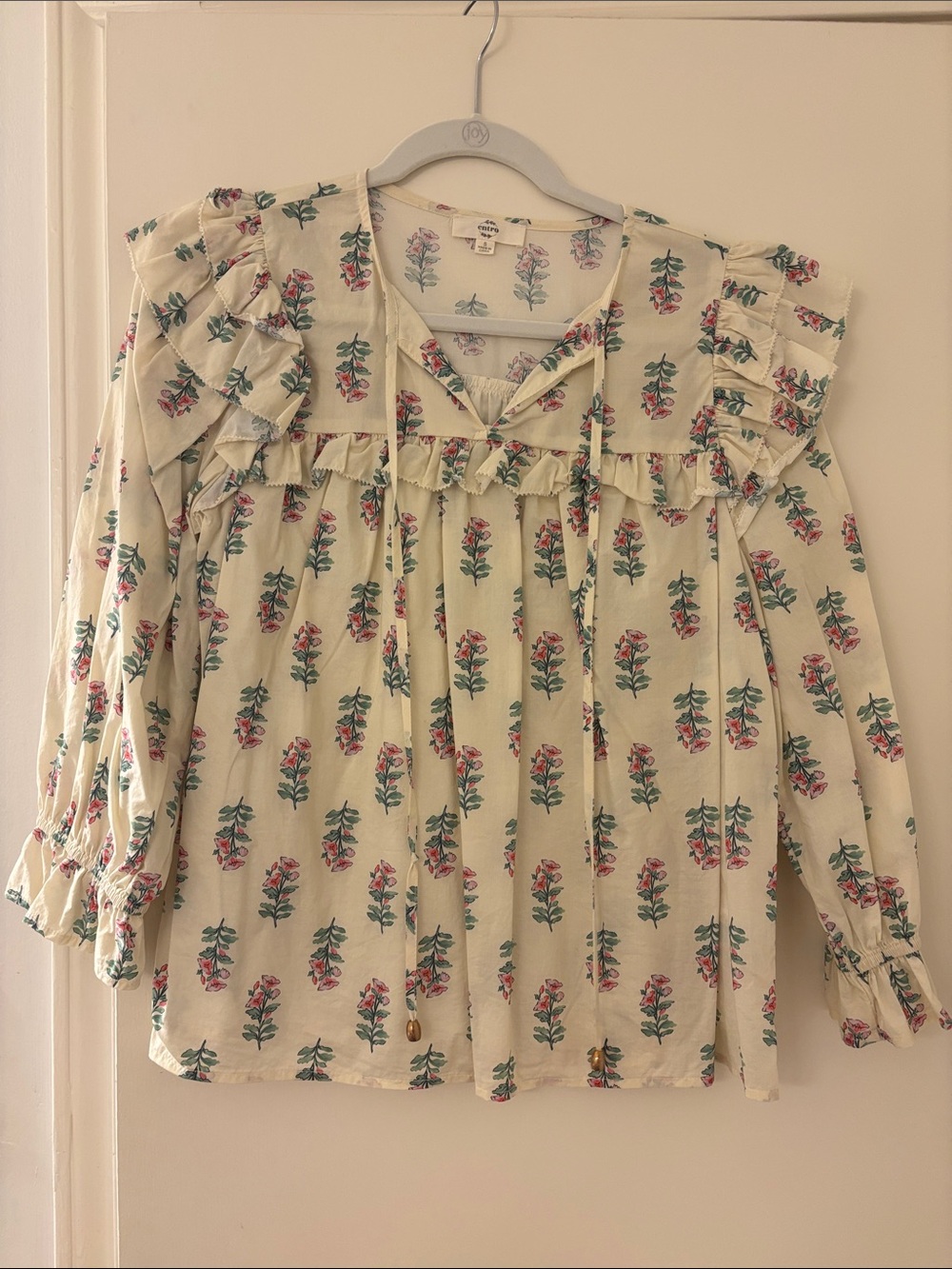 entro Cream Floral Ruffle Peasant Blouse with Pink and Green Print